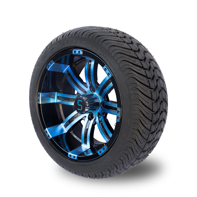 225/30-14 POINT roues noires bleues de roue et de pneu de chariot de golf de 14 pouces/brillantes combinées 101,6 PCD