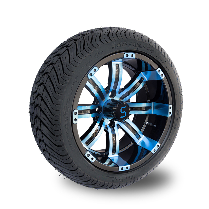 225/30-14 POINT roues noires bleues de roue et de pneu de chariot de golf de 14 pouces/brillantes combinées 101,6 PCD