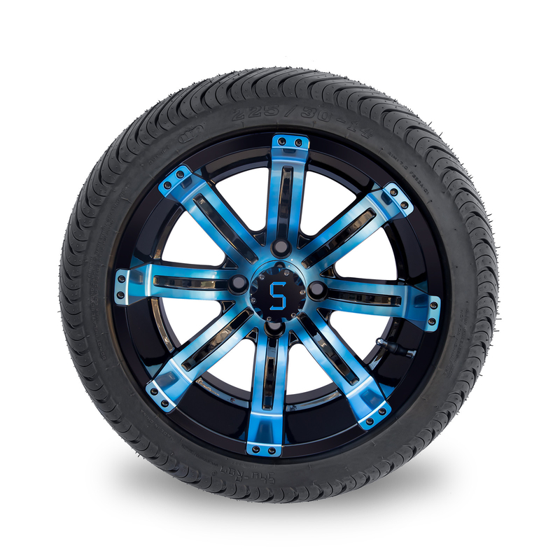 225/30-14 POINT roues noires bleues de roue et de pneu de chariot de golf de 14 pouces/brillantes combinées 101,6 PCD