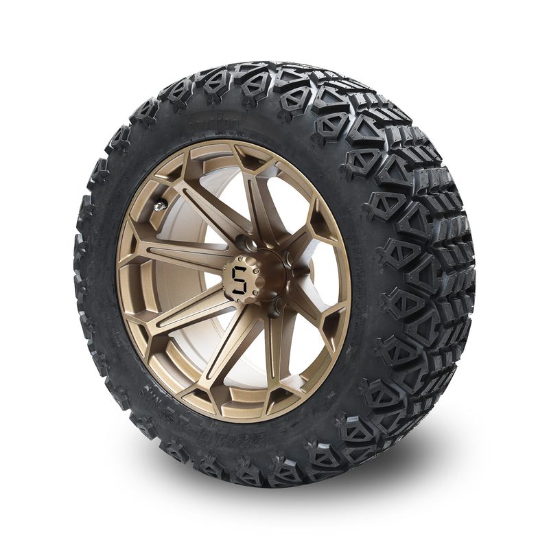 Roue en bronze de chariot de golf de 14 pouces et pneu 22x10-14 tous terrains avec des écrous de crochet et des chapeaux centraux
